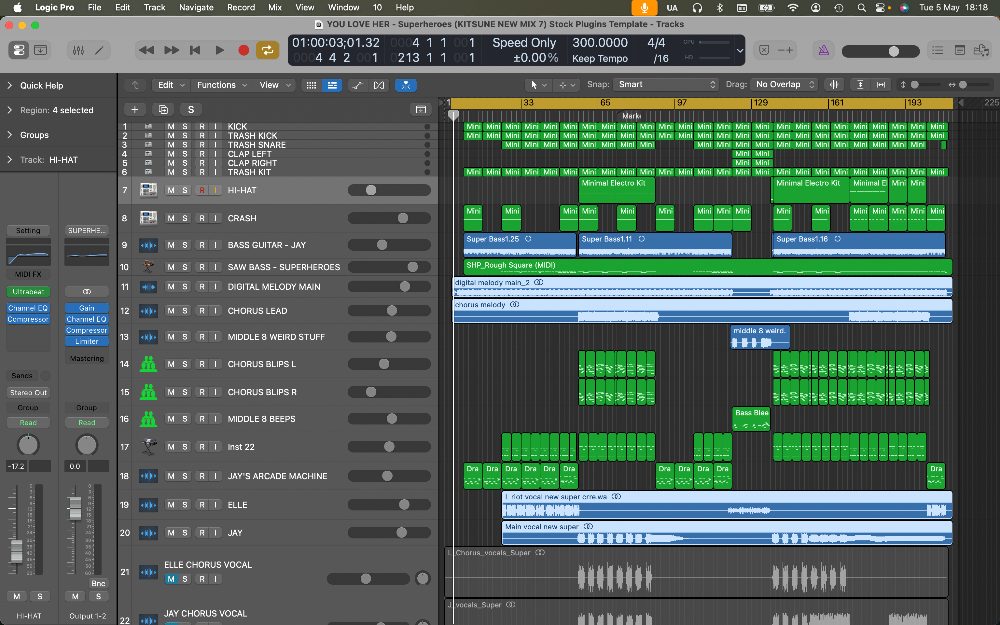 YOU LOVE HER DAW session with track list and stock plugins